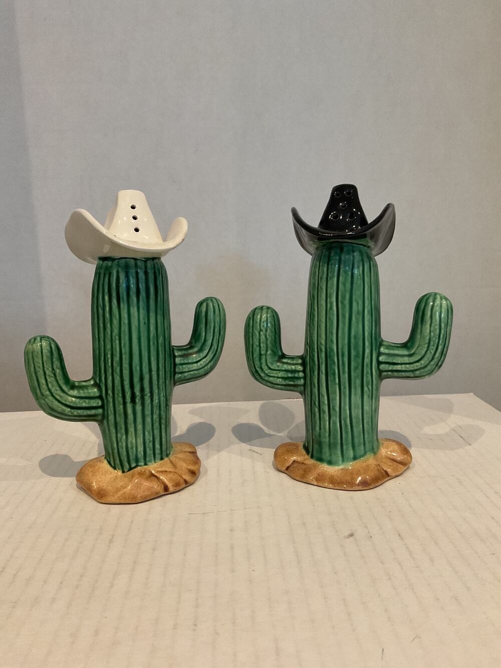 Vintage - Salt & Pepper Shakers - Tall Ceramic Cactus Cowboys